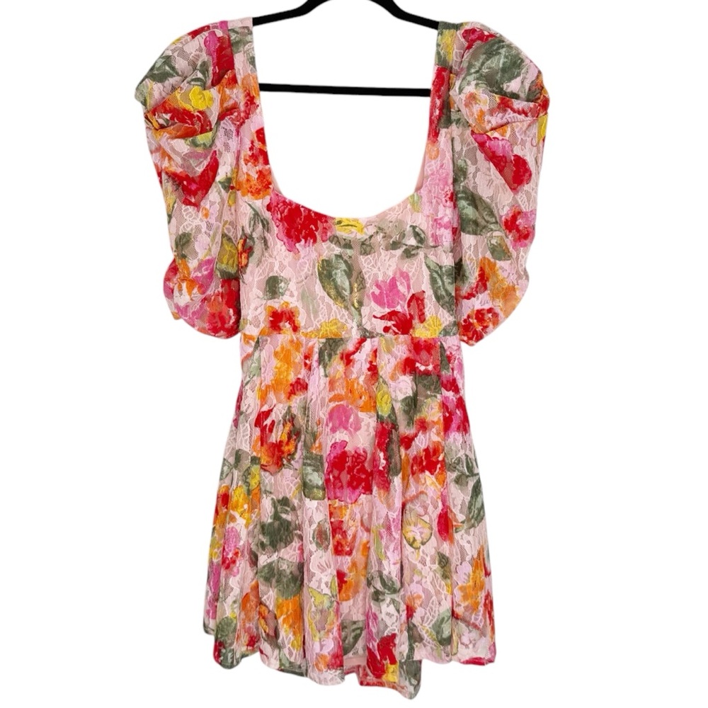 For Love & Lemons Dascha Lace Puff Sleeve Floral Dainty Mini Dress Size M NEW - Picture 2 of 16